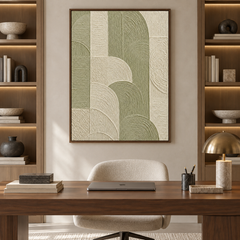 Geometric Arches Textured Wall Art - Sage Green & Cream Impasto Canvas with Curved and Linear Relief Patterns, Walnut Framed TEXVAS | Textured Canvas Art