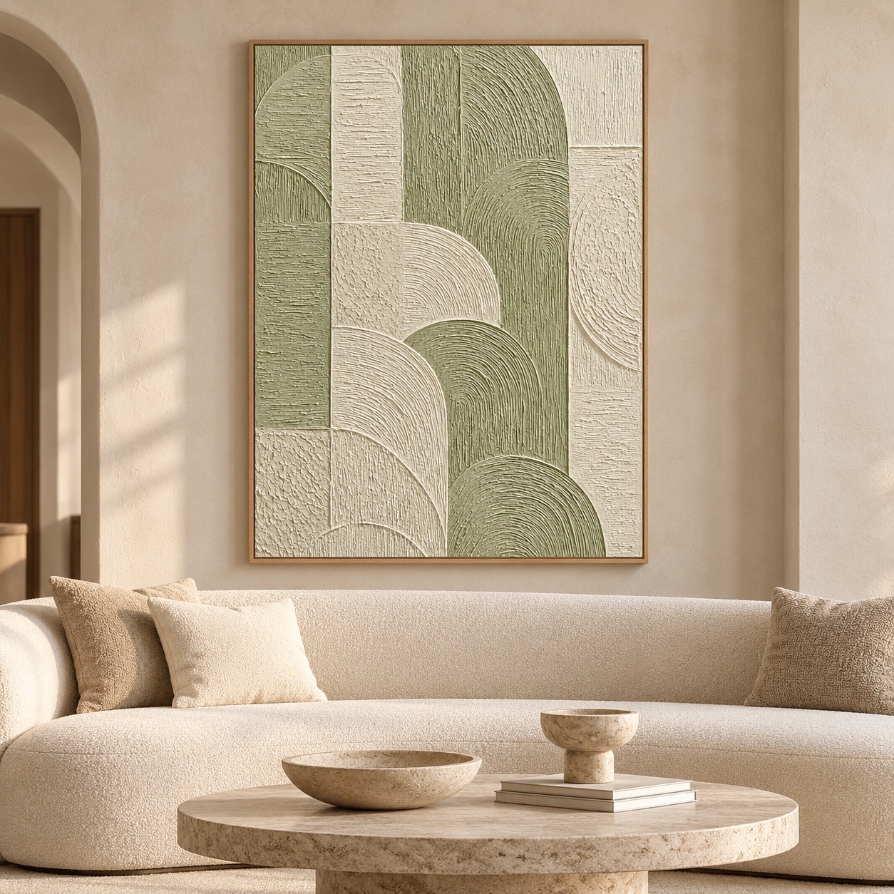 Geometric Arches Textured Wall Art - Sage Green & Cream Impasto Canvas with Curved and Linear Relief Patterns, Walnut Framed TEXVAS | Textured Canvas Art
