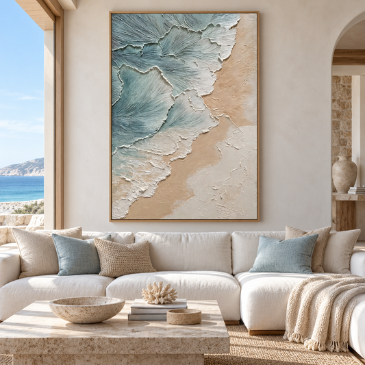 Ocean Foam and Sandy Shore: 3D Textured Impasto Coastal Wall Art TEXVAS | Textured Canvas Art