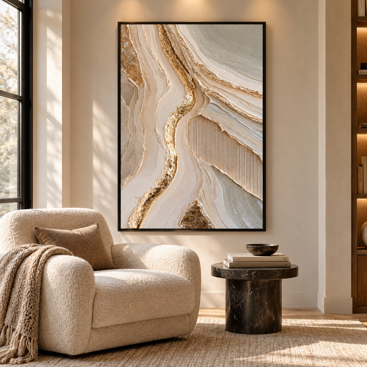 Luxury Gold Leaf & Geode Textured Wall Art – Abstract Cream 3D Impasto Canvas Art for Living Room, Modern Wabi-Sabi Wall Decor TEXVAS | Textured Canvas Art