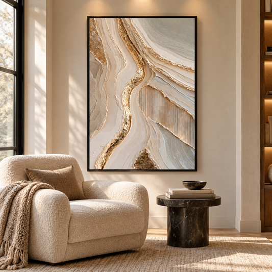 Luxury Gold Leaf & Geode Textured Wall Art – Abstract Cream 3D Impasto Canvas Art for Living Room, Modern Wabi-Sabi Wall Decor TEXVAS | Textured Canvas Art