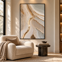Luxury Gold Leaf & Geode Textured Wall Art – Abstract Cream 3D Impasto Canvas Art for Living Room, Modern Wabi-Sabi Wall Decor TEXVAS | Textured Canvas Art
