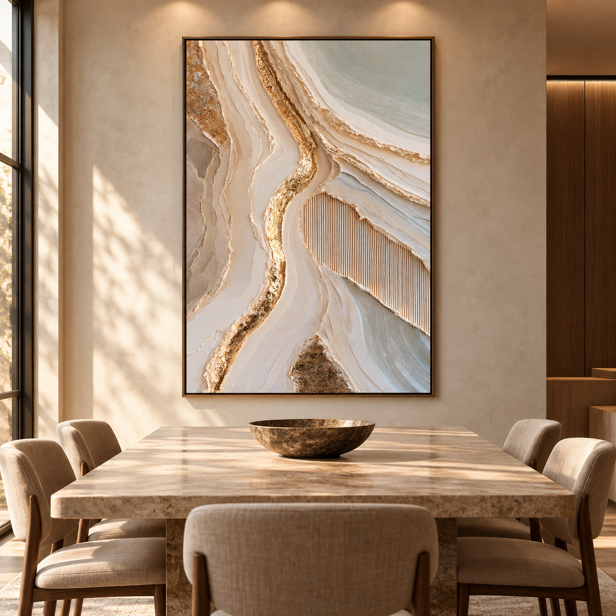 Luxury Gold Leaf & Geode Textured Wall Art – Abstract Cream 3D Impasto Canvas Art for Living Room, Modern Wabi-Sabi Wall Decor TEXVAS | Textured Canvas Art