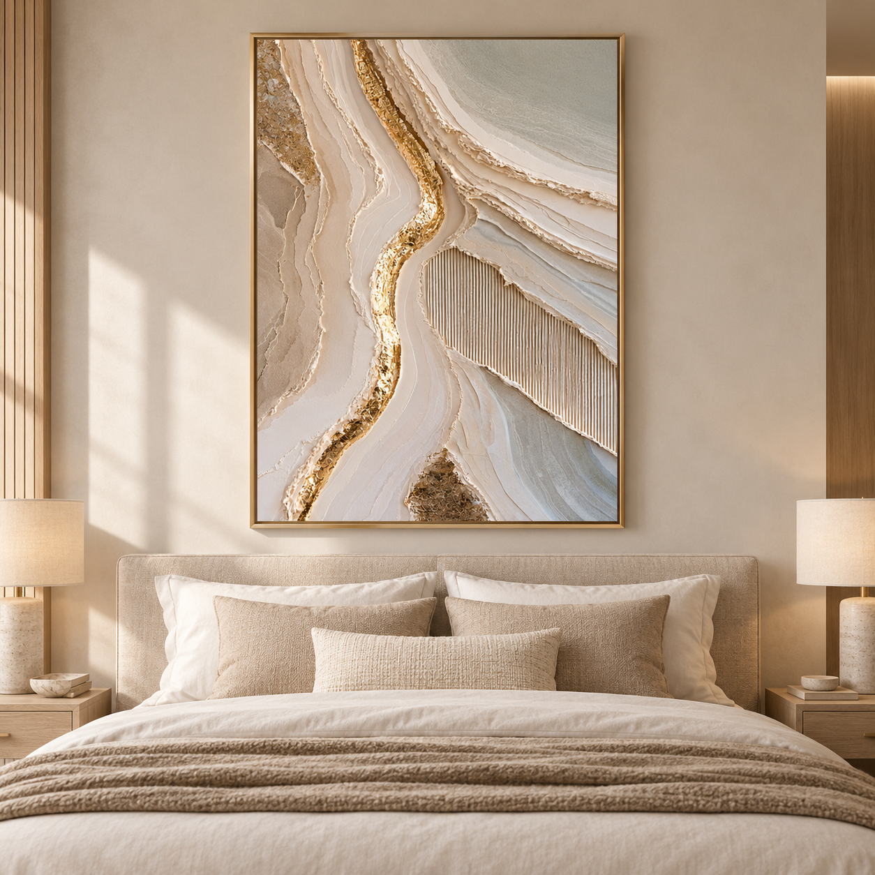 Luxury Gold Leaf & Geode Textured Wall Art – Abstract Cream 3D Impasto Canvas Art for Living Room, Modern Wabi-Sabi Wall Decor TEXVAS | Textured Canvas Art