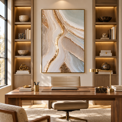 Luxury Gold Leaf & Geode Textured Wall Art – Abstract Cream 3D Impasto Canvas Art for Living Room, Modern Wabi-Sabi Wall Decor TEXVAS | Textured Canvas Art