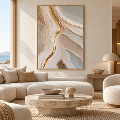 Luxury Gold Leaf & Geode Textured Wall Art – Abstract Cream 3D Impasto Canvas Art for Living Room, Modern Wabi-Sabi Wall Decor TEXVAS | Textured Canvas Art
