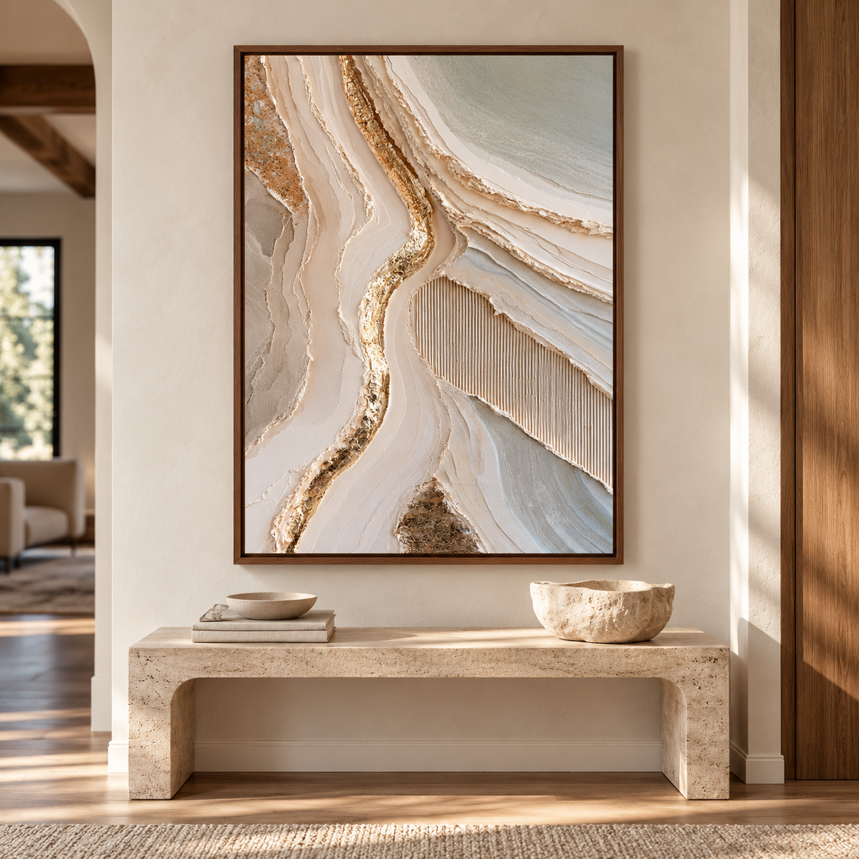 Luxury Gold Leaf & Geode Textured Wall Art – Abstract Cream 3D Impasto Canvas Art for Living Room, Modern Wabi-Sabi Wall Decor TEXVAS | Textured Canvas Art