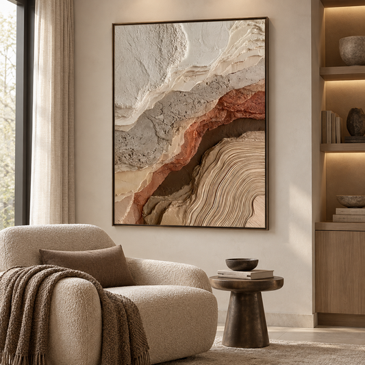 Abstract Geological Strata & Tree Ring Textured Wall Art – Terracotta, Sand & Earth Tone 3D Impasto Canvas Art for Living Room, Wabi-Sabi Organic Wall Decor TEXVAS | Textured Canvas Art