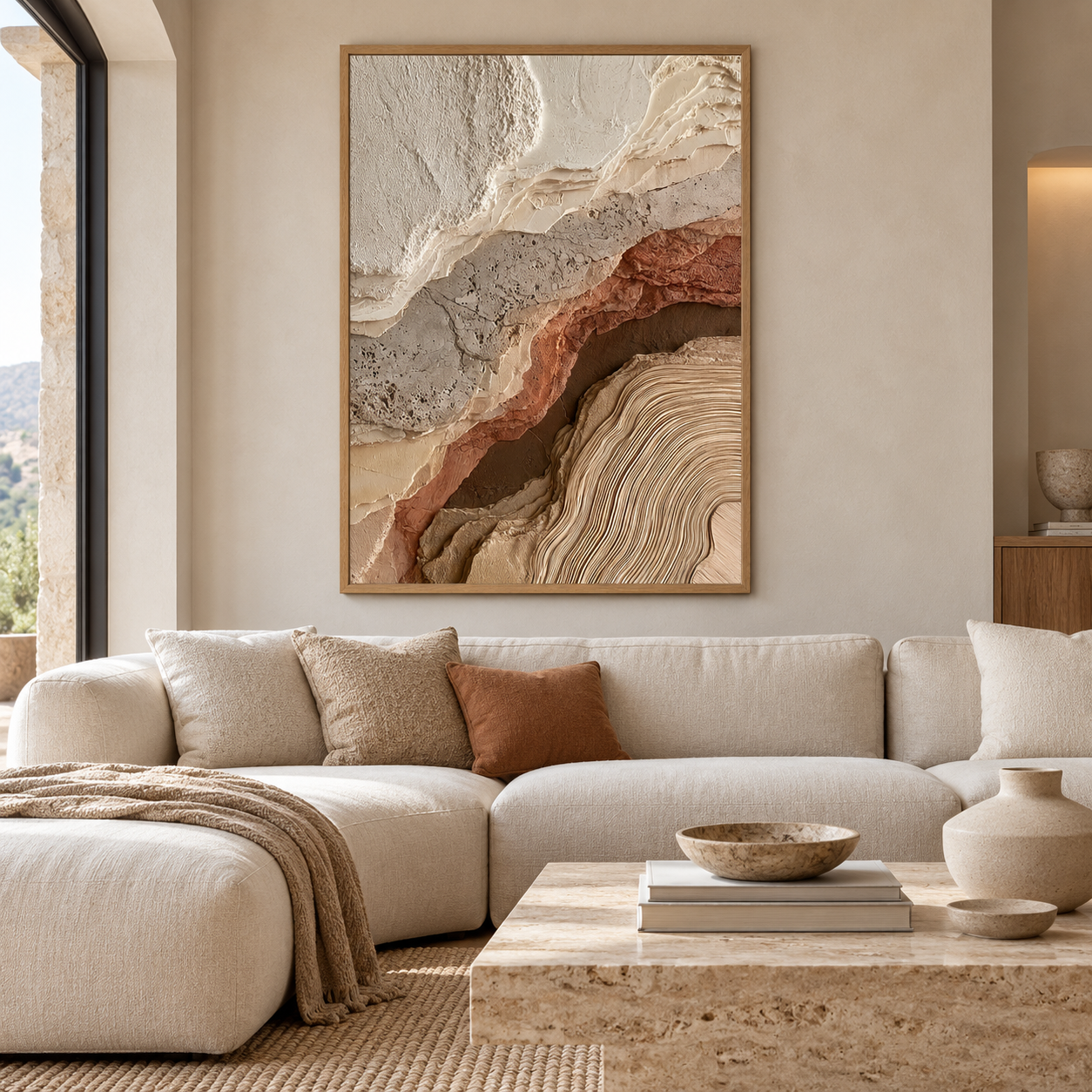Abstract Geological Strata & Tree Ring Textured Wall Art – Terracotta, Sand & Earth Tone 3D Impasto Canvas Art for Living Room, Wabi-Sabi Organic Wall Decor TEXVAS | Textured Canvas Art