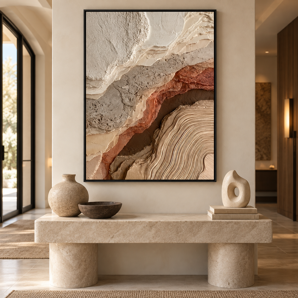 Abstract Geological Strata & Tree Ring Textured Wall Art – Terracotta, Sand & Earth Tone 3D Impasto Canvas Art for Living Room, Wabi-Sabi Organic Wall Decor TEXVAS | Textured Canvas Art