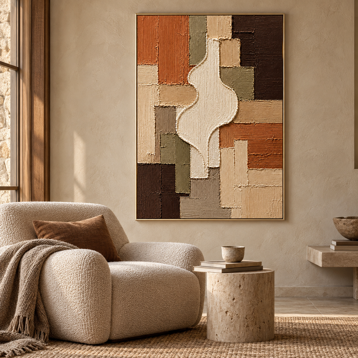 Modern Geometric Patchwork & Organic Silhouette Textured Wall Art – Earthy Terracotta, Olive Green & Cream 3D Impasto Canvas Art for Living Room, Mid-Century Wabi-Sabi Wall Decor TEXVAS | Textured Canvas Art