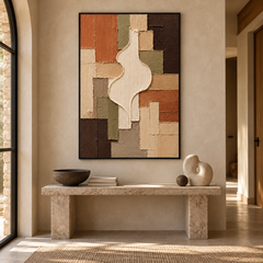 Modern Geometric Patchwork & Organic Silhouette Textured Wall Art – Earthy Terracotta, Olive Green & Cream 3D Impasto Canvas Art for Living Room, Mid-Century Wabi-Sabi Wall Decor TEXVAS | Textured Canvas Art