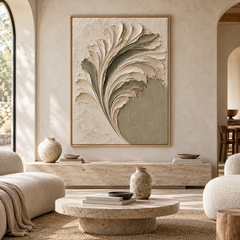 Sculptural Feather & Leaf 3D Textured Wall Art – Sage Green & Cream Impasto Canvas Art for Living Room, Botanical Wabi-Sabi Wall Decor TEXVAS | Textured Canvas Art
