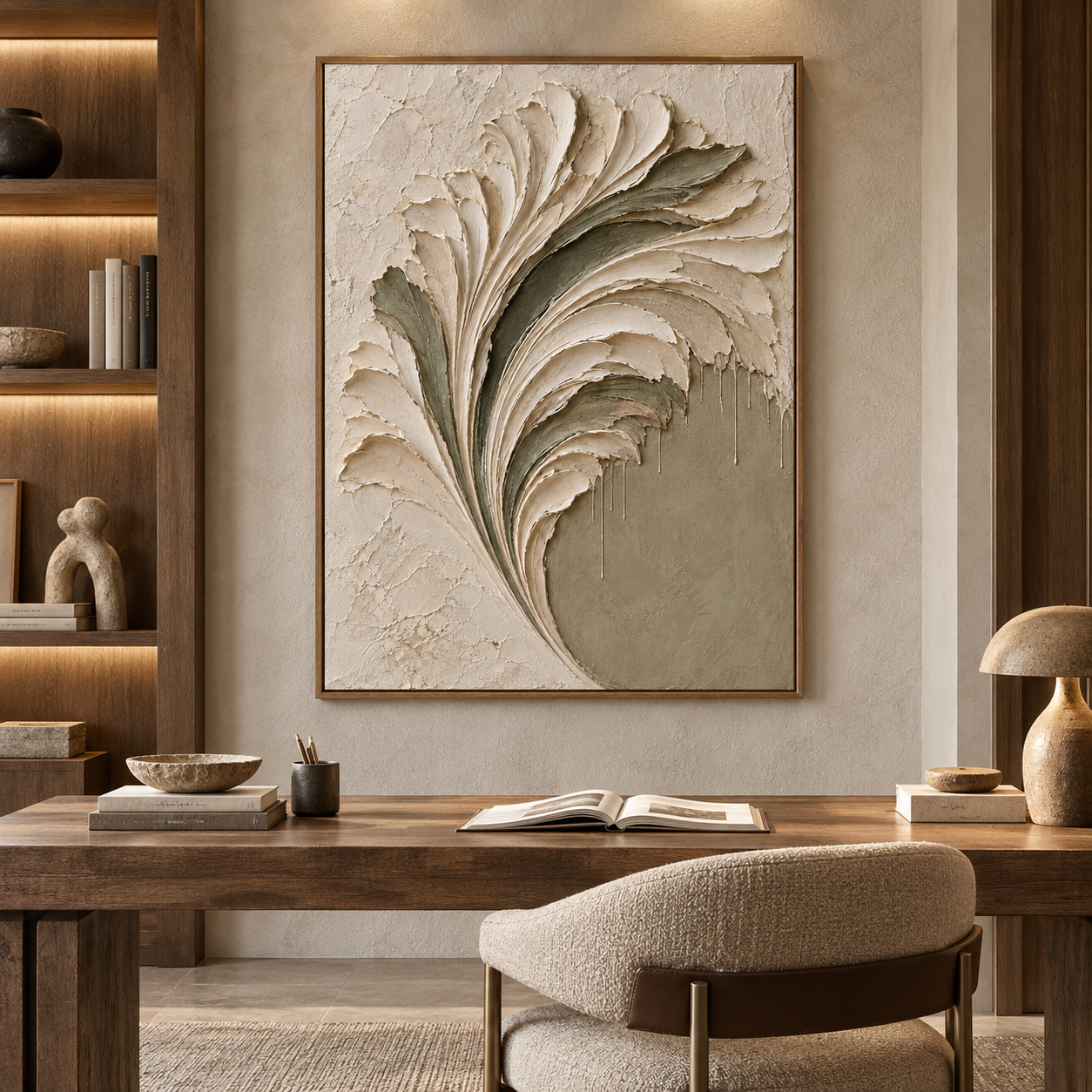 Sculptural Feather & Leaf 3D Textured Wall Art – Sage Green & Cream Impasto Canvas Art for Living Room, Botanical Wabi-Sabi Wall Decor TEXVAS | Textured Canvas Art