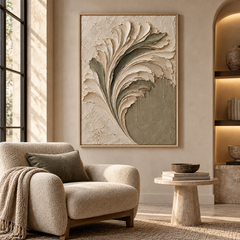 Sculptural Feather & Leaf 3D Textured Wall Art – Sage Green & Cream Impasto Canvas Art for Living Room, Botanical Wabi-Sabi Wall Decor TEXVAS | Textured Canvas Art