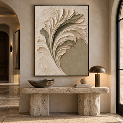 Sculptural Feather & Leaf 3D Textured Wall Art – Sage Green & Cream Impasto Canvas Art for Living Room, Botanical Wabi-Sabi Wall Decor TEXVAS | Textured Canvas Art