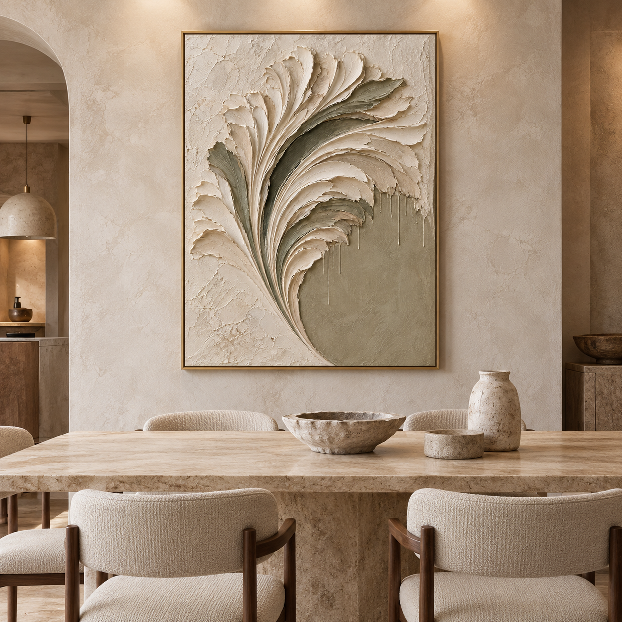 Sculptural Feather & Leaf 3D Textured Wall Art – Sage Green & Cream Impasto Canvas Art for Living Room, Botanical Wabi-Sabi Wall Decor TEXVAS | Textured Canvas Art
