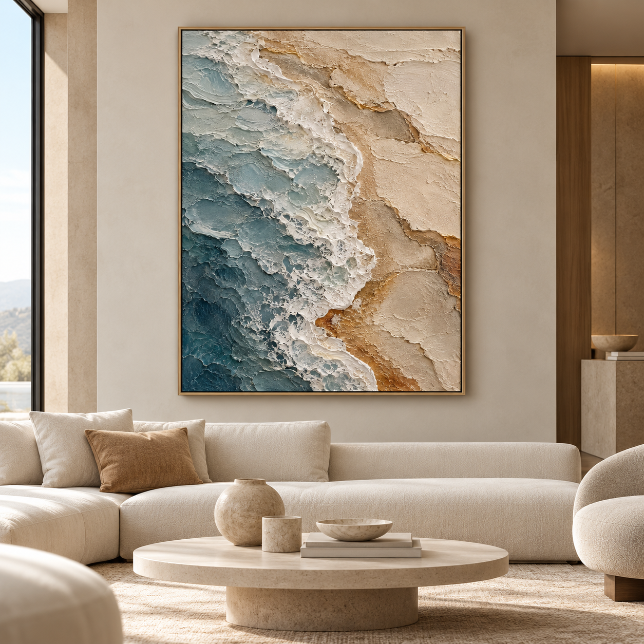 Ocean Waves & Golden Shore 3D Textured Coastal Wall Art – Deep Teal & Sandy Beige Impasto Canvas Painting for Living Room, Beach House Wall Decor TEXVAS | Textured Canvas Art