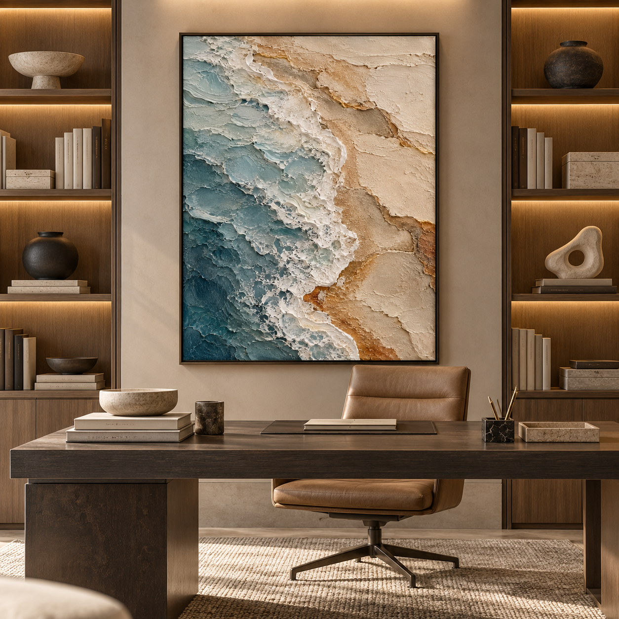 Ocean Waves & Golden Shore 3D Textured Coastal Wall Art – Deep Teal & Sandy Beige Impasto Canvas Painting for Living Room, Beach House Wall Decor TEXVAS | Textured Canvas Art