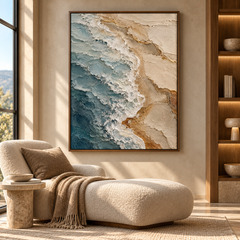 Ocean Waves & Golden Shore 3D Textured Coastal Wall Art – Deep Teal & Sandy Beige Impasto Canvas Painting for Living Room, Beach House Wall Decor TEXVAS | Textured Canvas Art