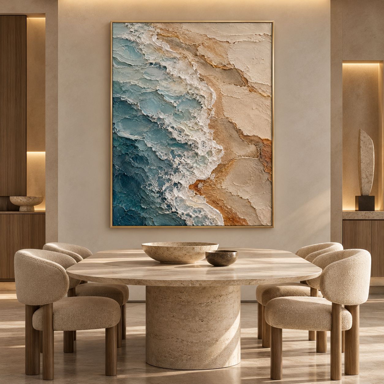 Ocean Waves & Golden Shore 3D Textured Coastal Wall Art – Deep Teal & Sandy Beige Impasto Canvas Painting for Living Room, Beach House Wall Decor TEXVAS | Textured Canvas Art