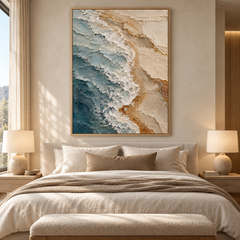 Ocean Waves & Golden Shore 3D Textured Coastal Wall Art – Deep Teal & Sandy Beige Impasto Canvas Painting for Living Room, Beach House Wall Decor TEXVAS | Textured Canvas Art