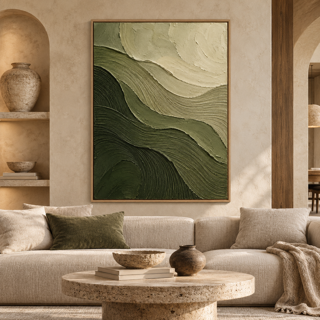 Wavy Sage & Forest Green Mountain Ridge 3D Textured Wall Art – Abstract Fluted Waves Impasto Canvas Art for Living Room, Wabi-Sabi Nature-Inspired Wall Decor TEXVAS | Textured Canvas Art