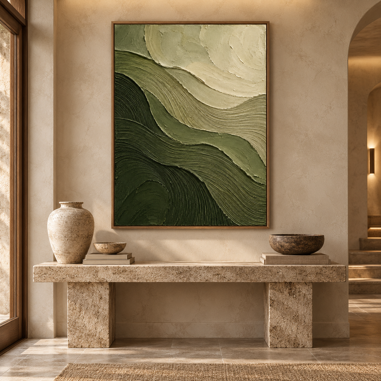 Wavy Sage & Forest Green Mountain Ridge 3D Textured Wall Art – Abstract Fluted Waves Impasto Canvas Art for Living Room, Wabi-Sabi Nature-Inspired Wall Decor TEXVAS | Textured Canvas Art