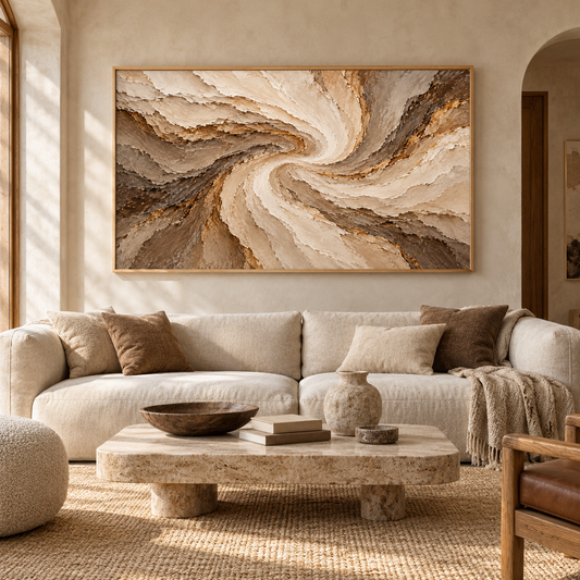Earthy Swirl Vortex 3D Textured Wall Art – Spiral Canyon & Sandstorm Impasto Canvas Painting for Living Room, Large Horizontal Wabi-Sabi Wall Decor TEXVAS | Textured Canvas Art