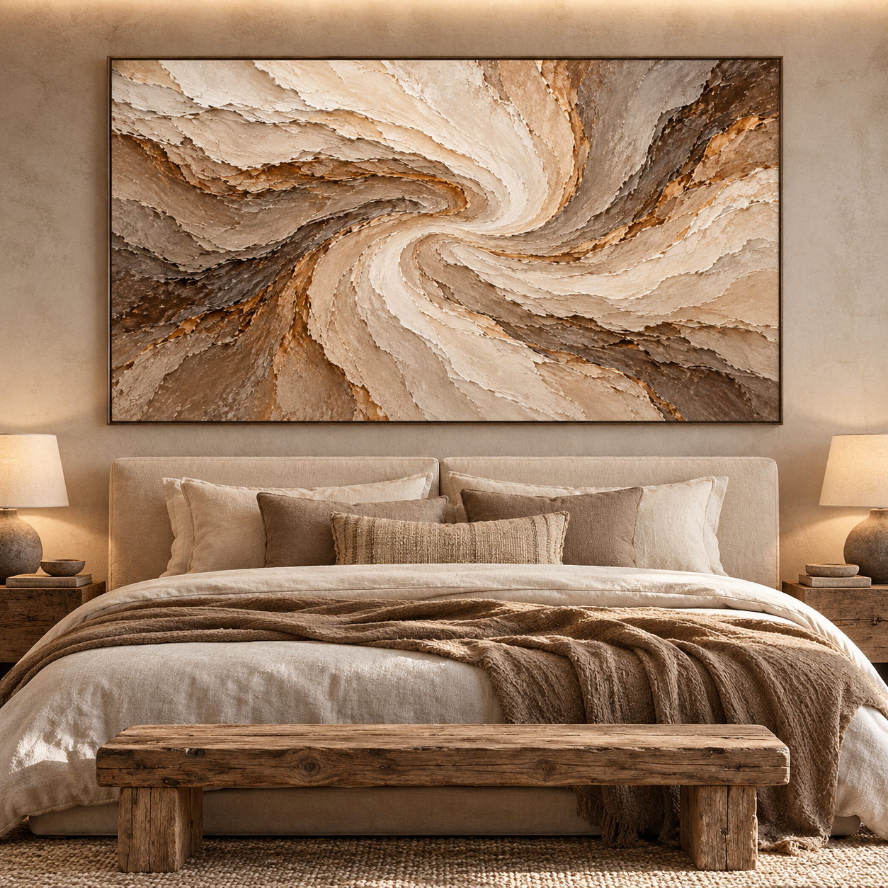 Earthy Swirl Vortex 3D Textured Wall Art – Spiral Canyon & Sandstorm Impasto Canvas Painting for Living Room, Large Horizontal Wabi-Sabi Wall Decor TEXVAS | Textured Canvas Art