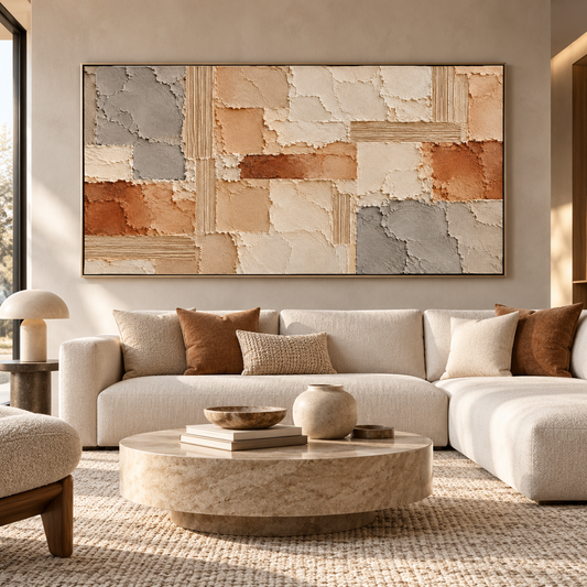 Earthy Patchwork Geometrics: Large Horizontal 3D Textured Abstract Plaster and Terracotta Impasto Canvas Wall Art for Living Room, Wabi-Sabi Natural Stone Decor, Walnut Framed TEXVAS | Textured Canvas Art