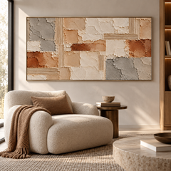 Earthy Patchwork Geometrics: Large Horizontal 3D Textured Abstract Plaster and Terracotta Impasto Canvas Wall Art for Living Room, Wabi-Sabi Natural Stone Decor, Walnut Framed TEXVAS | Textured Canvas Art