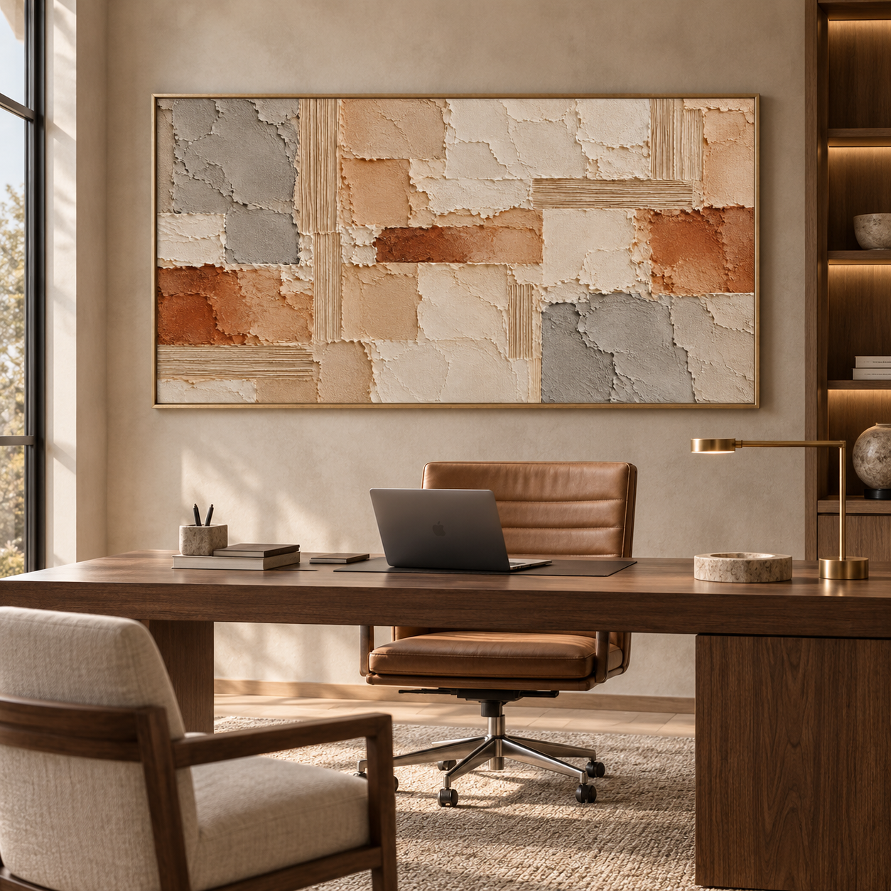 Earthy Patchwork Geometrics: Large Horizontal 3D Textured Abstract Plaster and Terracotta Impasto Canvas Wall Art for Living Room, Wabi-Sabi Natural Stone Decor, Walnut Framed TEXVAS | Textured Canvas Art