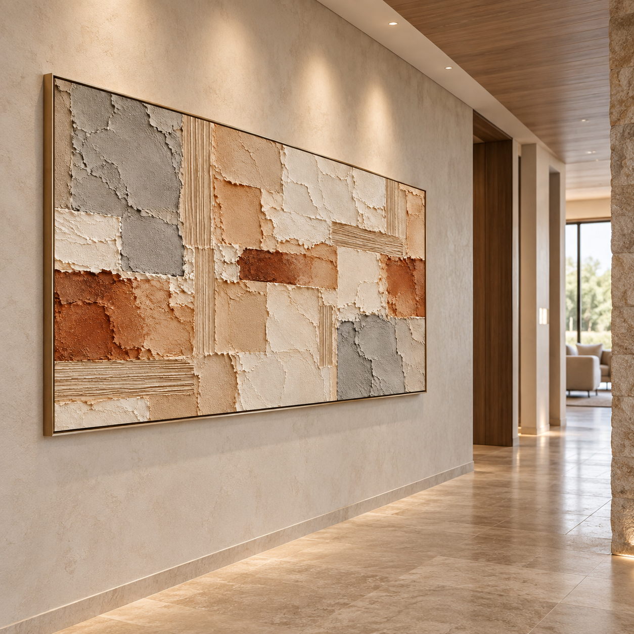 Earthy Patchwork Geometrics: Large Horizontal 3D Textured Abstract Plaster and Terracotta Impasto Canvas Wall Art for Living Room, Wabi-Sabi Natural Stone Decor, Walnut Framed TEXVAS | Textured Canvas Art