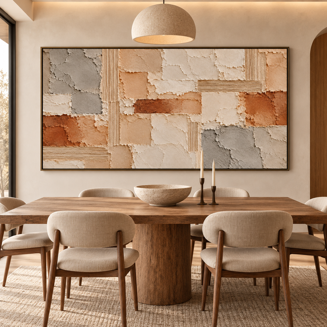 Earthy Patchwork Geometrics: Large Horizontal 3D Textured Abstract Plaster and Terracotta Impasto Canvas Wall Art for Living Room, Wabi-Sabi Natural Stone Decor, Walnut Framed TEXVAS | Textured Canvas Art