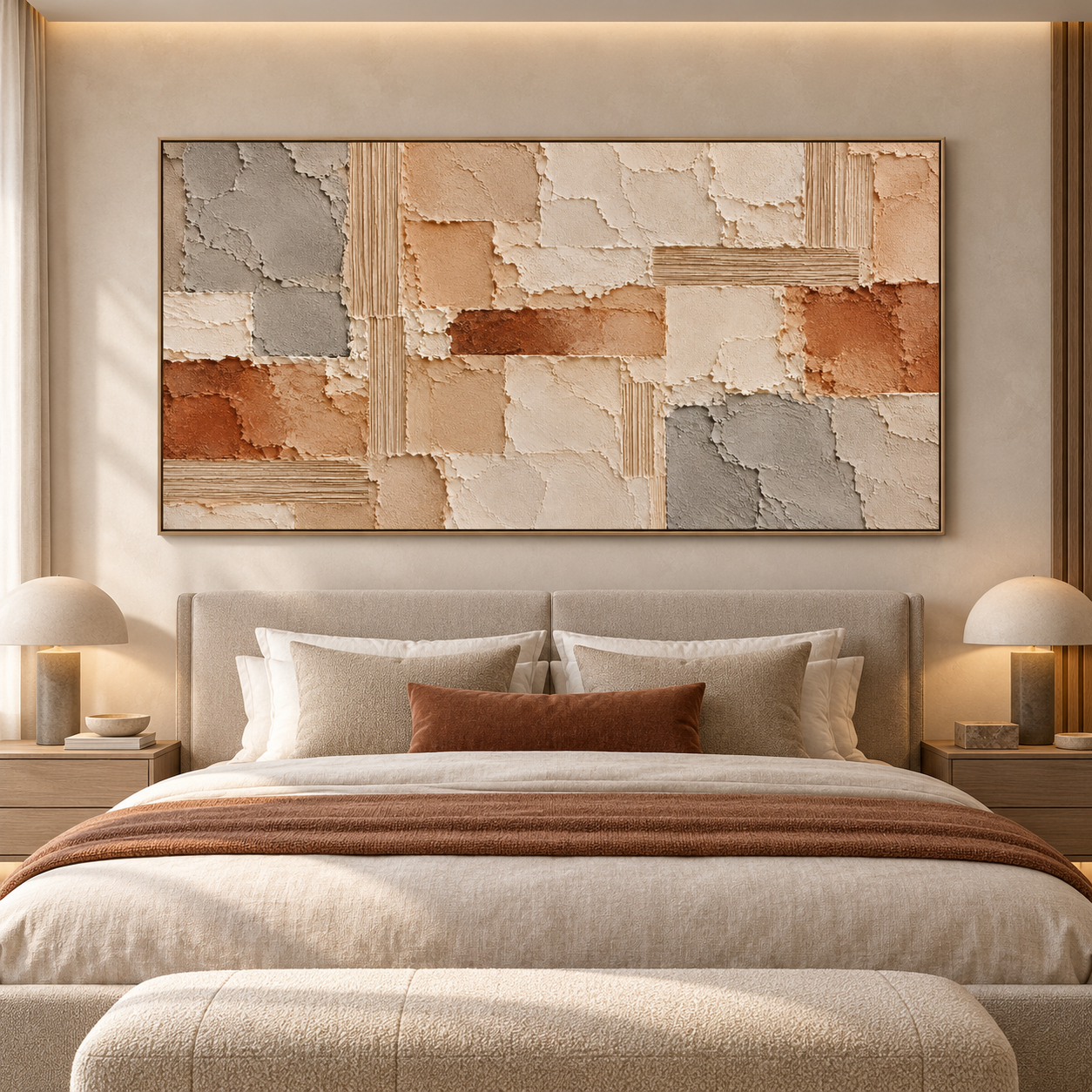 Earthy Patchwork Geometrics: Large Horizontal 3D Textured Abstract Plaster and Terracotta Impasto Canvas Wall Art for Living Room, Wabi-Sabi Natural Stone Decor, Walnut Framed TEXVAS | Textured Canvas Art
