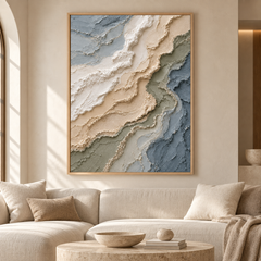 Coastal Shoreline Waves 3D Textured Wall Art – Muted Ocean Blue, Sage & Sand Beige Impasto Canvas Painting, Modern Wabi-Sabi Landscape Wall Decor TEXVAS | Textured Canvas Art