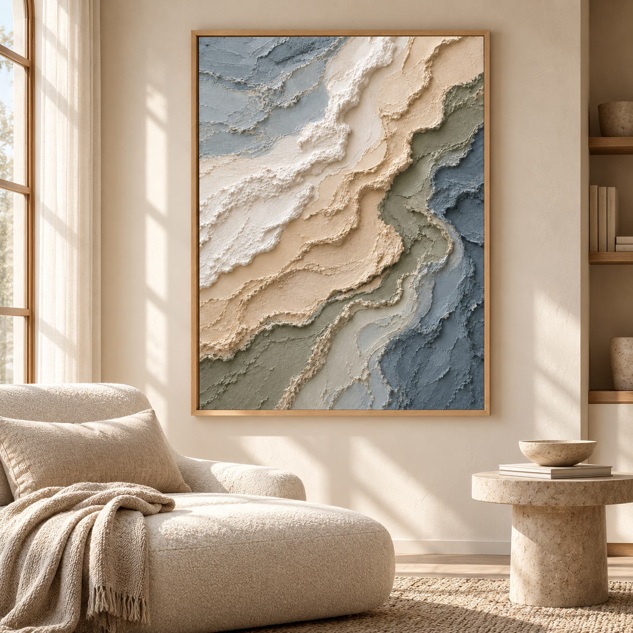 Coastal Shoreline Waves 3D Textured Wall Art – Muted Ocean Blue, Sage & Sand Beige Impasto Canvas Painting, Modern Wabi-Sabi Landscape Wall Decor TEXVAS | Textured Canvas Art
