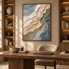 Coastal Shoreline Waves 3D Textured Wall Art – Muted Ocean Blue, Sage & Sand Beige Impasto Canvas Painting, Modern Wabi-Sabi Landscape Wall Decor TEXVAS | Textured Canvas Art