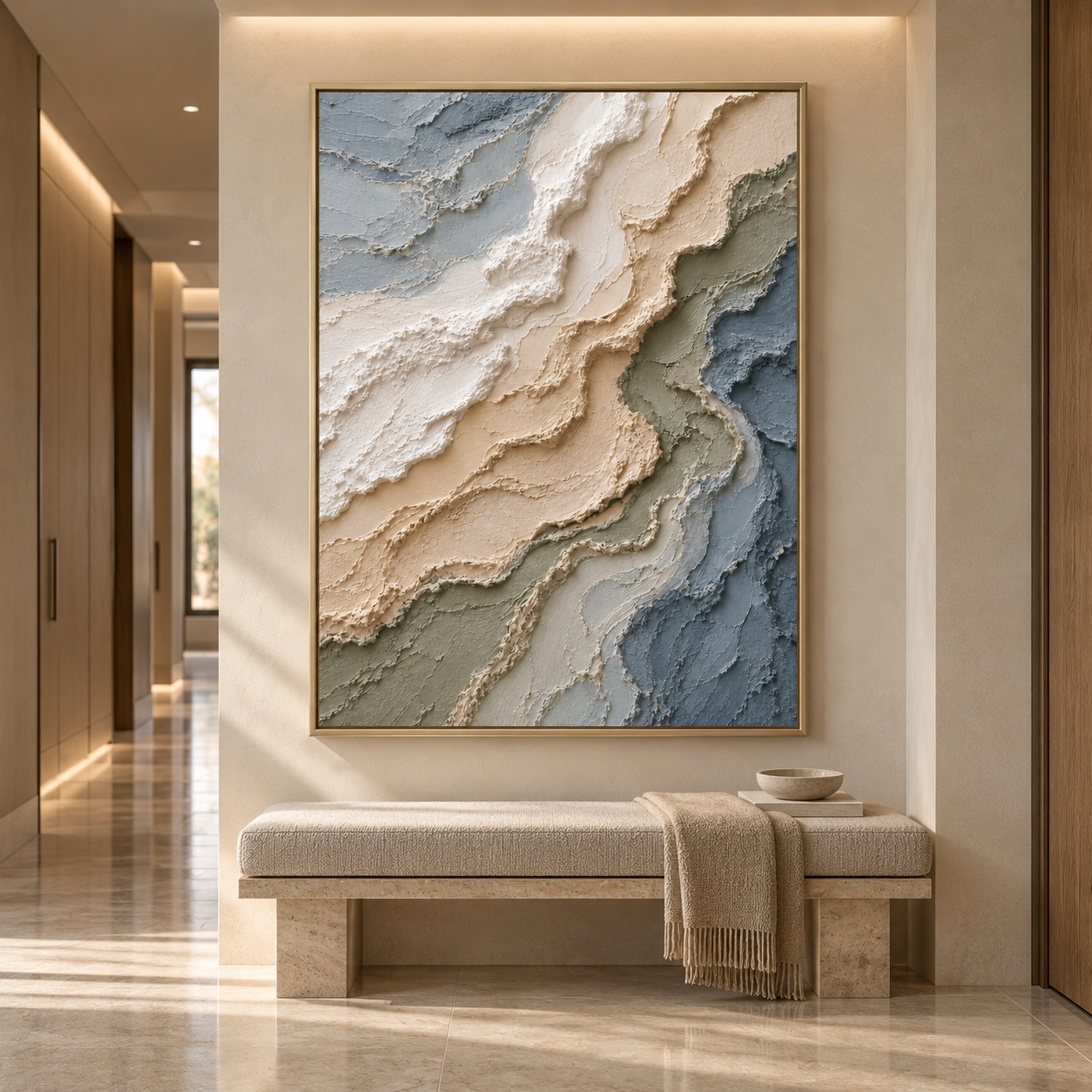 Coastal Shoreline Waves 3D Textured Wall Art – Muted Ocean Blue, Sage & Sand Beige Impasto Canvas Painting, Modern Wabi-Sabi Landscape Wall Decor TEXVAS | Textured Canvas Art