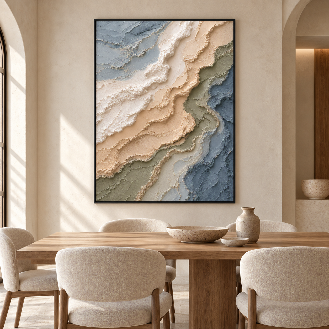 Coastal Shoreline Waves 3D Textured Wall Art – Muted Ocean Blue, Sage & Sand Beige Impasto Canvas Painting, Modern Wabi-Sabi Landscape Wall Decor TEXVAS | Textured Canvas Art