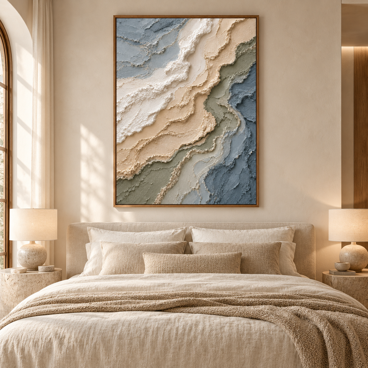 Coastal Shoreline Waves 3D Textured Wall Art – Muted Ocean Blue, Sage & Sand Beige Impasto Canvas Painting, Modern Wabi-Sabi Landscape Wall Decor TEXVAS | Textured Canvas Art