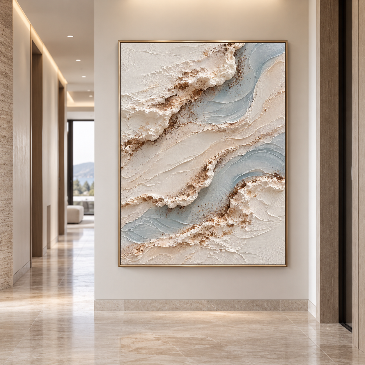 Ocean Foam & Glacier Wave 3D Textured Wall Art – Soft Sky Blue, Ivory & Gold Sand Impasto Canvas Painting, Modern Coastal Wabi-Sabi Wall Decor TEXVAS | Textured Canvas Art