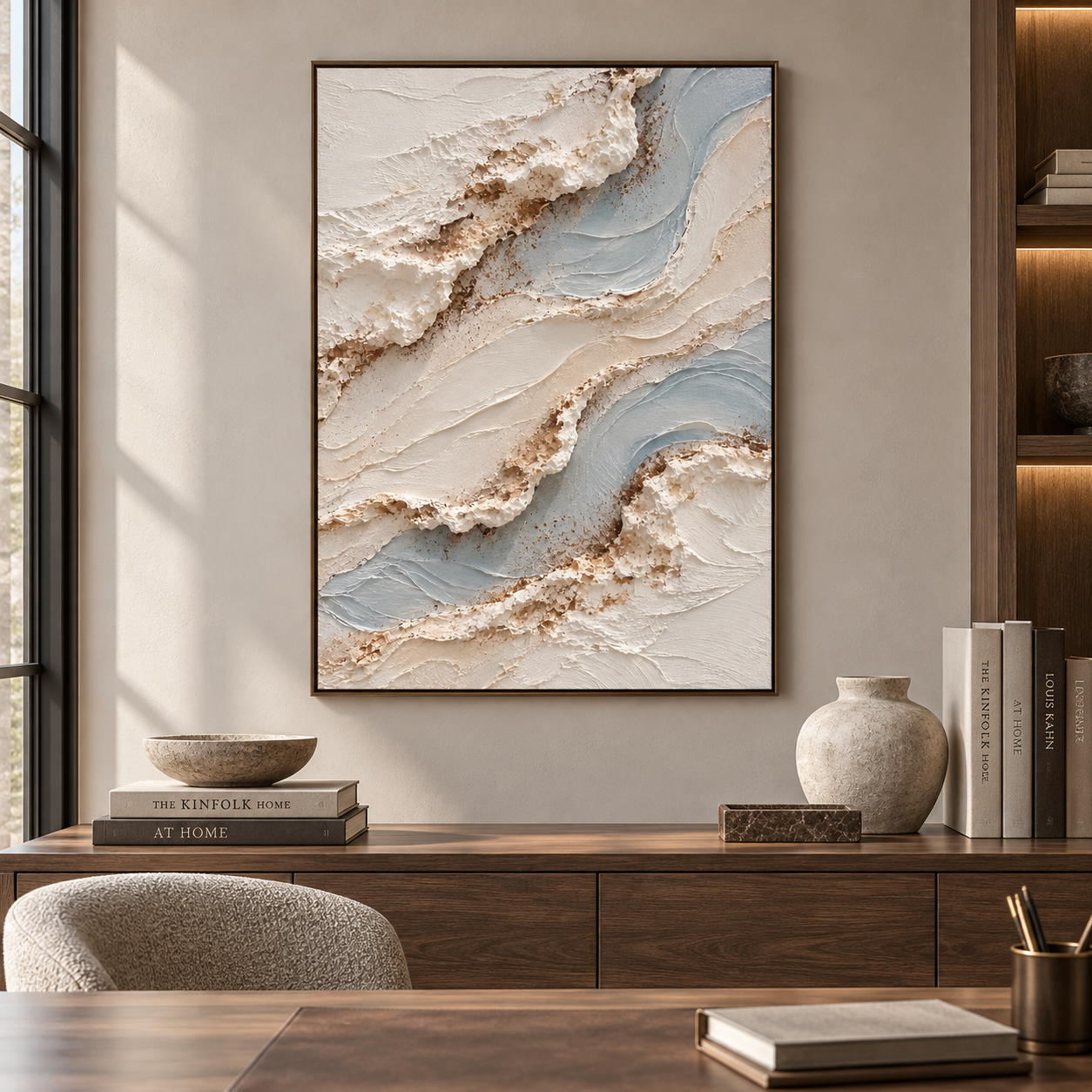 Ocean Foam & Glacier Wave 3D Textured Wall Art – Soft Sky Blue, Ivory & Gold Sand Impasto Canvas Painting, Modern Coastal Wabi-Sabi Wall Decor TEXVAS | Textured Canvas Art