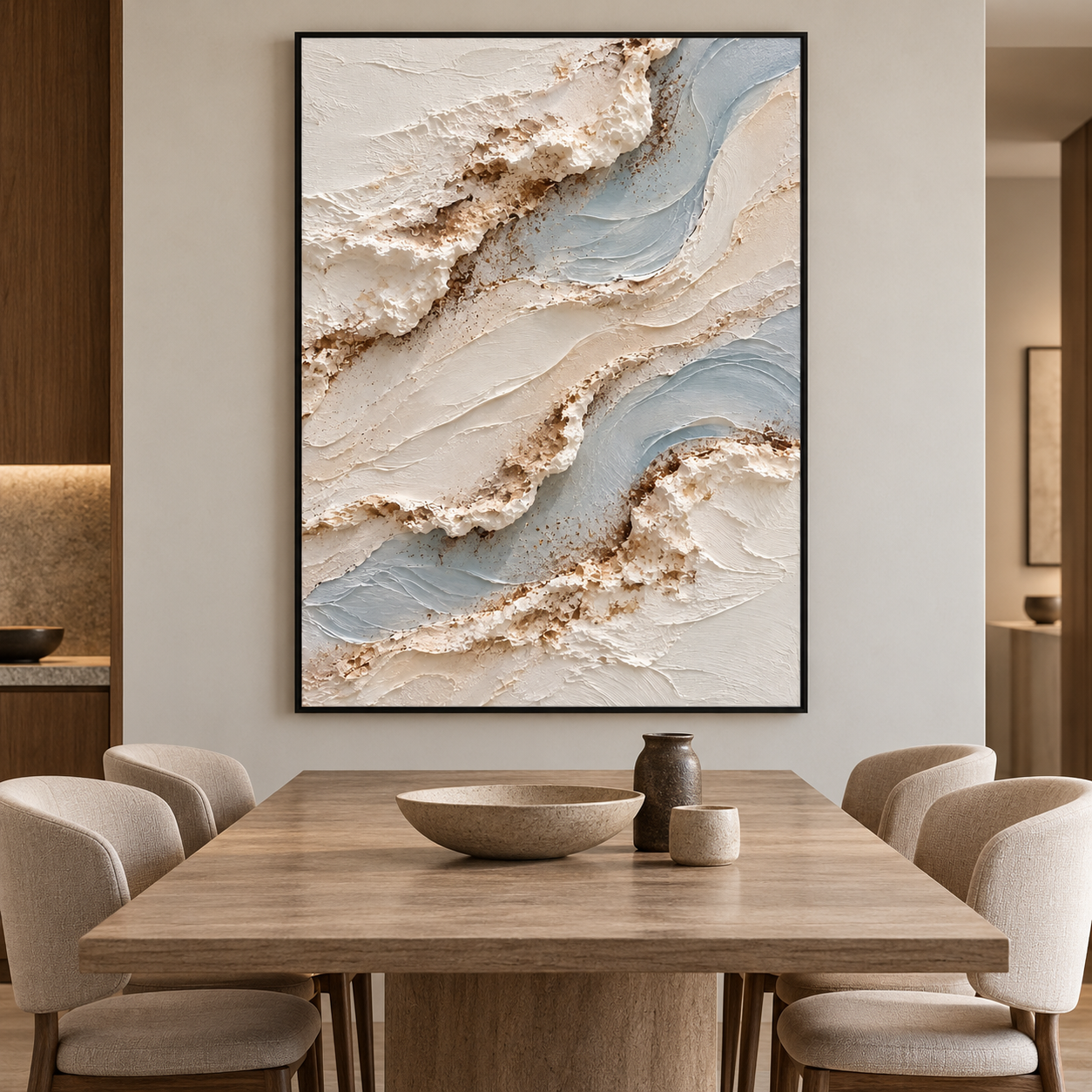 Ocean Foam & Glacier Wave 3D Textured Wall Art – Soft Sky Blue, Ivory & Gold Sand Impasto Canvas Painting, Modern Coastal Wabi-Sabi Wall Decor TEXVAS | Textured Canvas Art