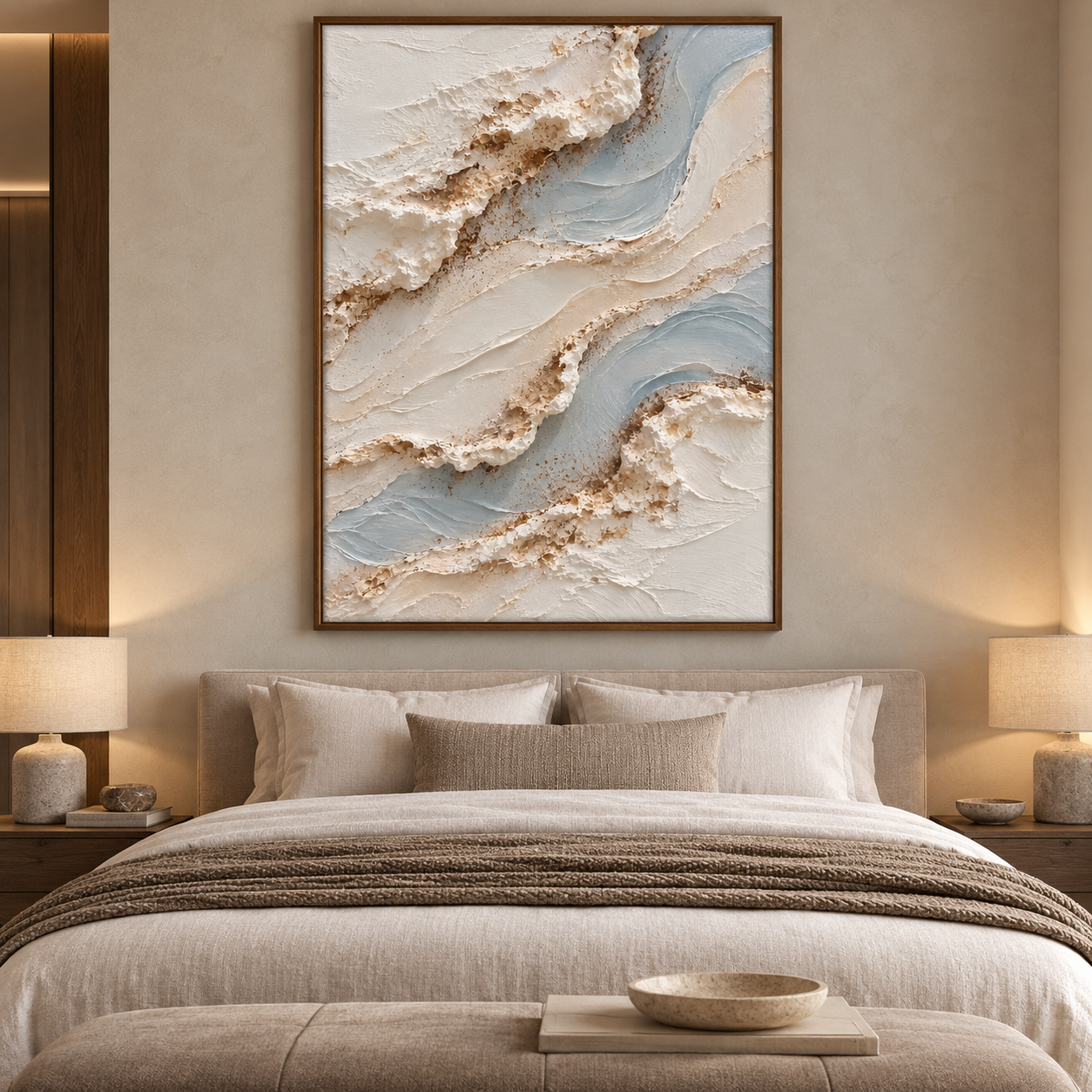 Ocean Foam & Glacier Wave 3D Textured Wall Art – Soft Sky Blue, Ivory & Gold Sand Impasto Canvas Painting, Modern Coastal Wabi-Sabi Wall Decor TEXVAS | Textured Canvas Art