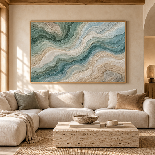 3D High-Relief Textured Abstract Mountain & River Wall Art – Large Impasto Canvas in Deep Teal, Soft Green, Ivory, and Beige Tones, Modern Coastal or Wabi-Sabi Style, Large Horizontal Decor TEXVAS | Textured Canvas Art