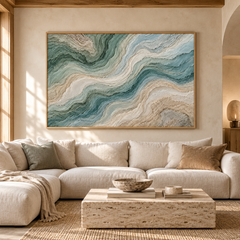 3D High-Relief Textured Abstract Mountain & River Wall Art – Large Impasto Canvas in Deep Teal, Soft Green, Ivory, and Beige Tones, Modern Coastal or Wabi-Sabi Style, Large Horizontal Decor TEXVAS | Textured Canvas Art