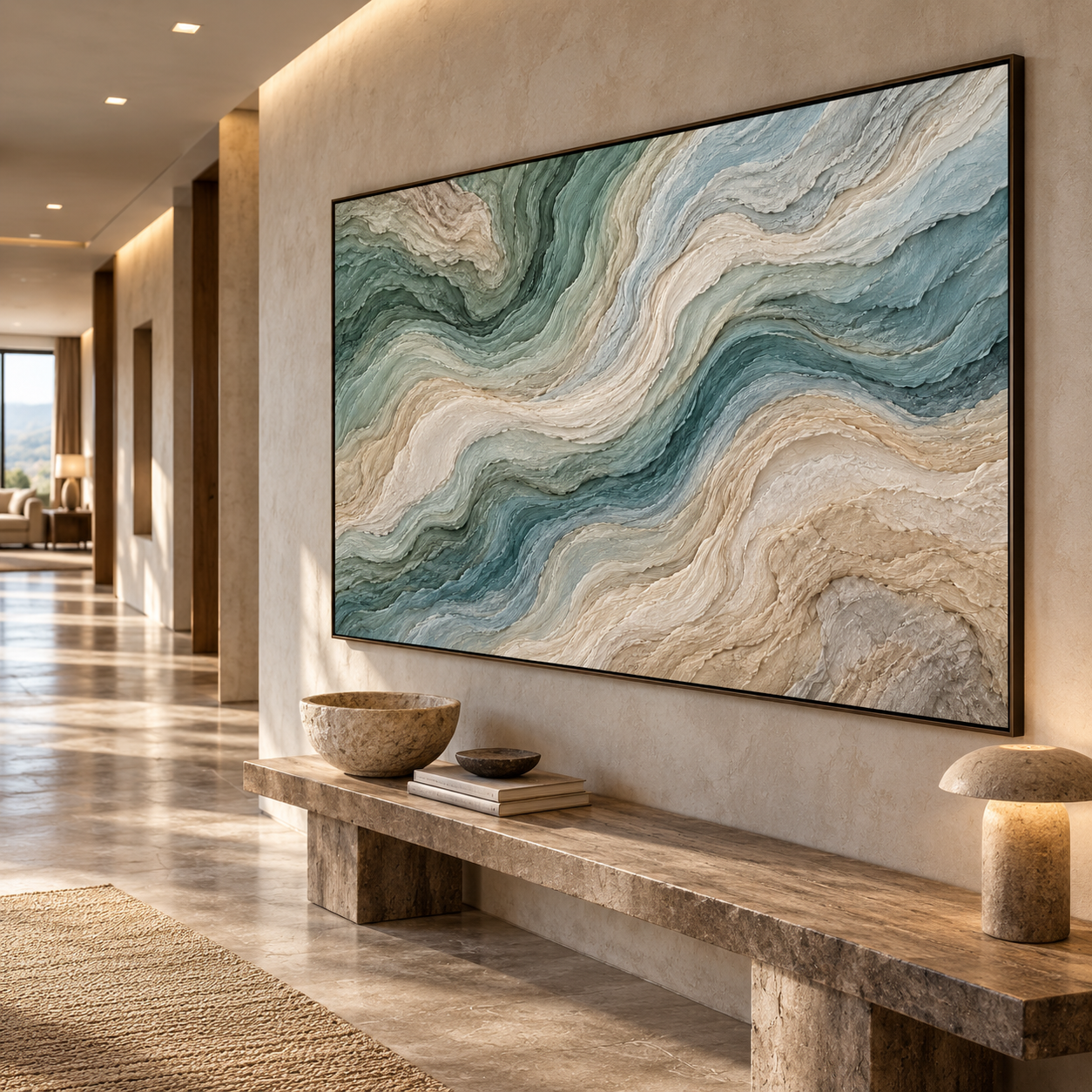 3D High-Relief Textured Abstract Mountain & River Wall Art – Large Impasto Canvas in Deep Teal, Soft Green, Ivory, and Beige Tones, Modern Coastal or Wabi-Sabi Style, Large Horizontal Decor TEXVAS | Textured Canvas Art