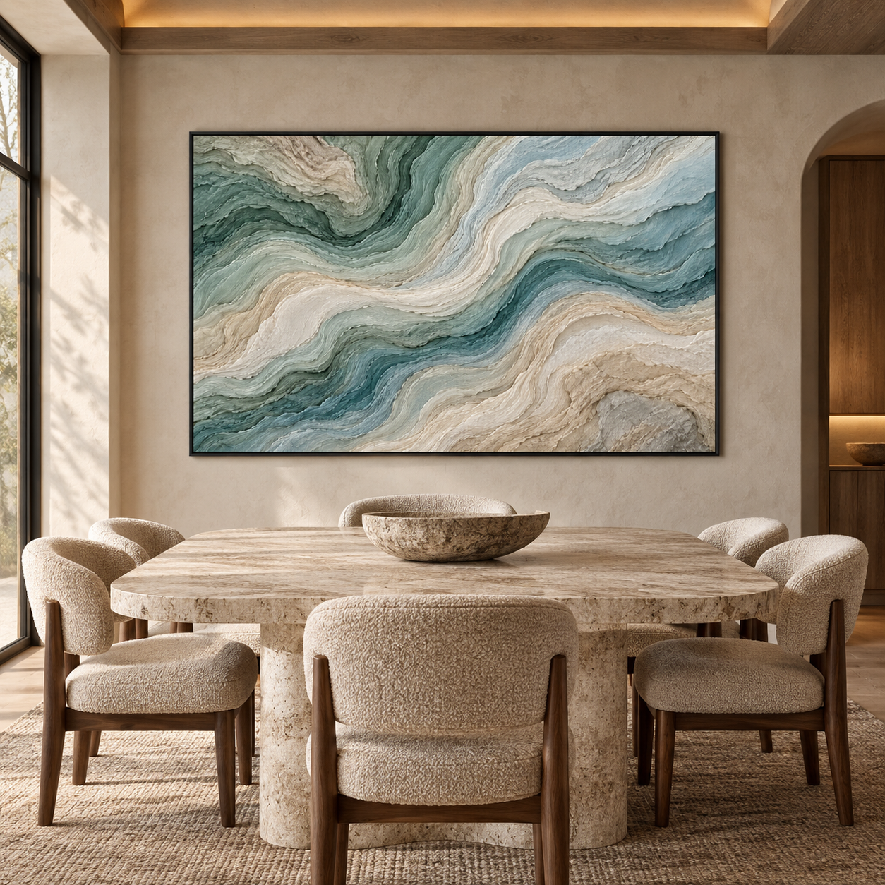 3D High-Relief Textured Abstract Mountain & River Wall Art – Large Impasto Canvas in Deep Teal, Soft Green, Ivory, and Beige Tones, Modern Coastal or Wabi-Sabi Style, Large Horizontal Decor TEXVAS | Textured Canvas Art
